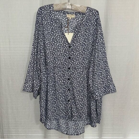 Cynthia Rowley 3X Navy White Ditsy Floral V-Neck Button Front Tunic - Picture 1 of 14